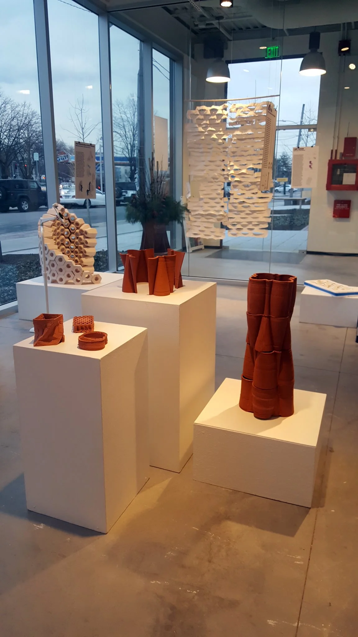 Exhibition install, close on plinths